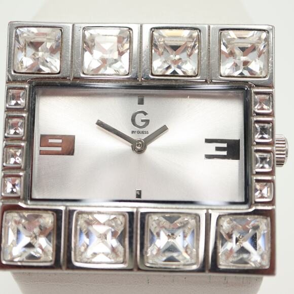 Guess Women Jumbo Crystal Watch 36mm Rectangle Dial White Leather w New Battery - Picture 6 of 15